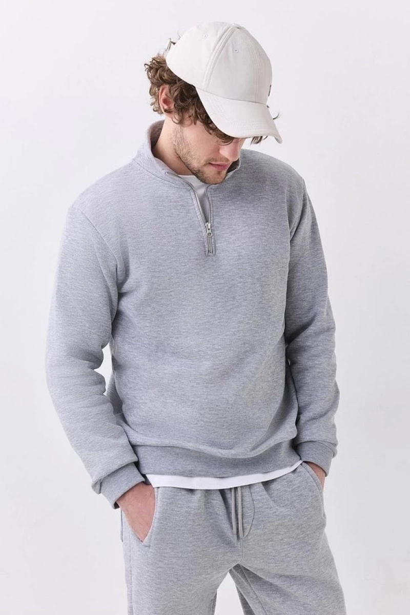 Erkek Relaxed Fit Yarım Fermuarlı Dik Yaka Sweatshirt Siyah Siyah