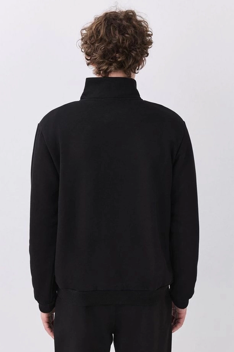 Erkek Relaxed Fit Yarım Fermuarlı Dik Yaka Sweatshirt Siyah Siyah