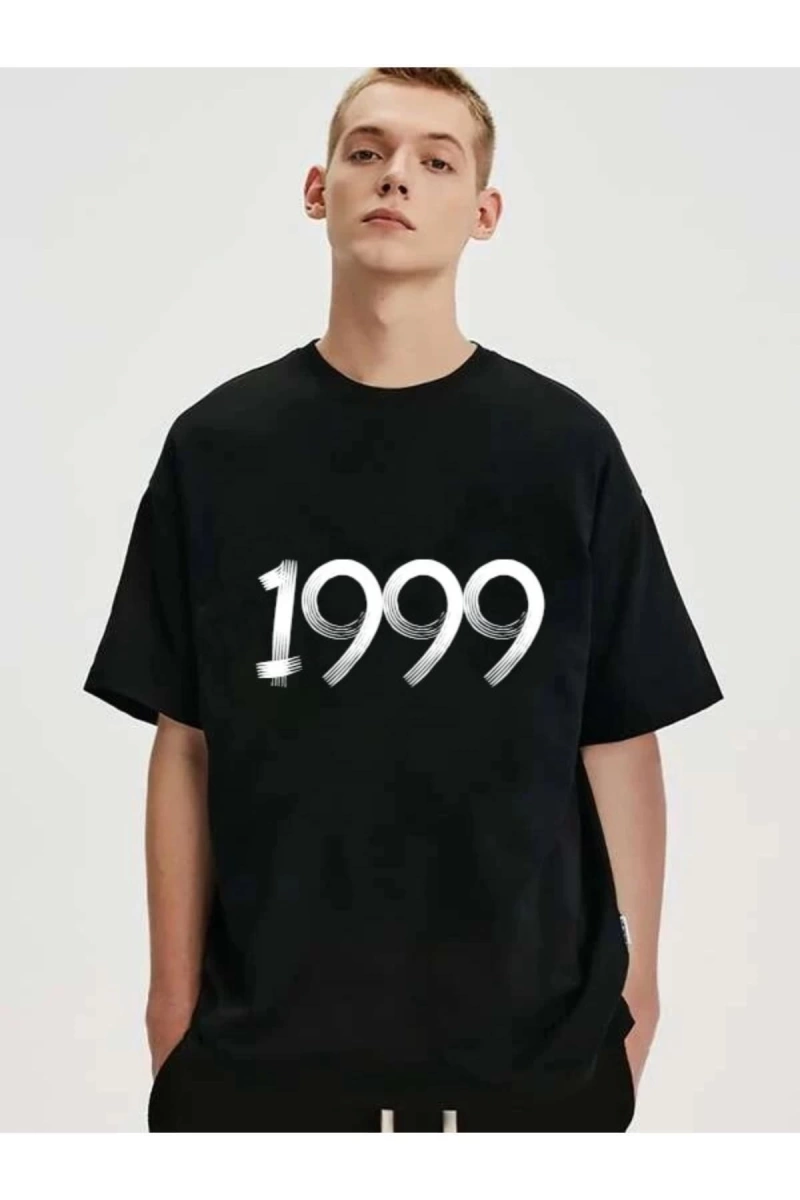 Erkek Siyah 1999 Baskılı Bisiklet Yaka Tshirt