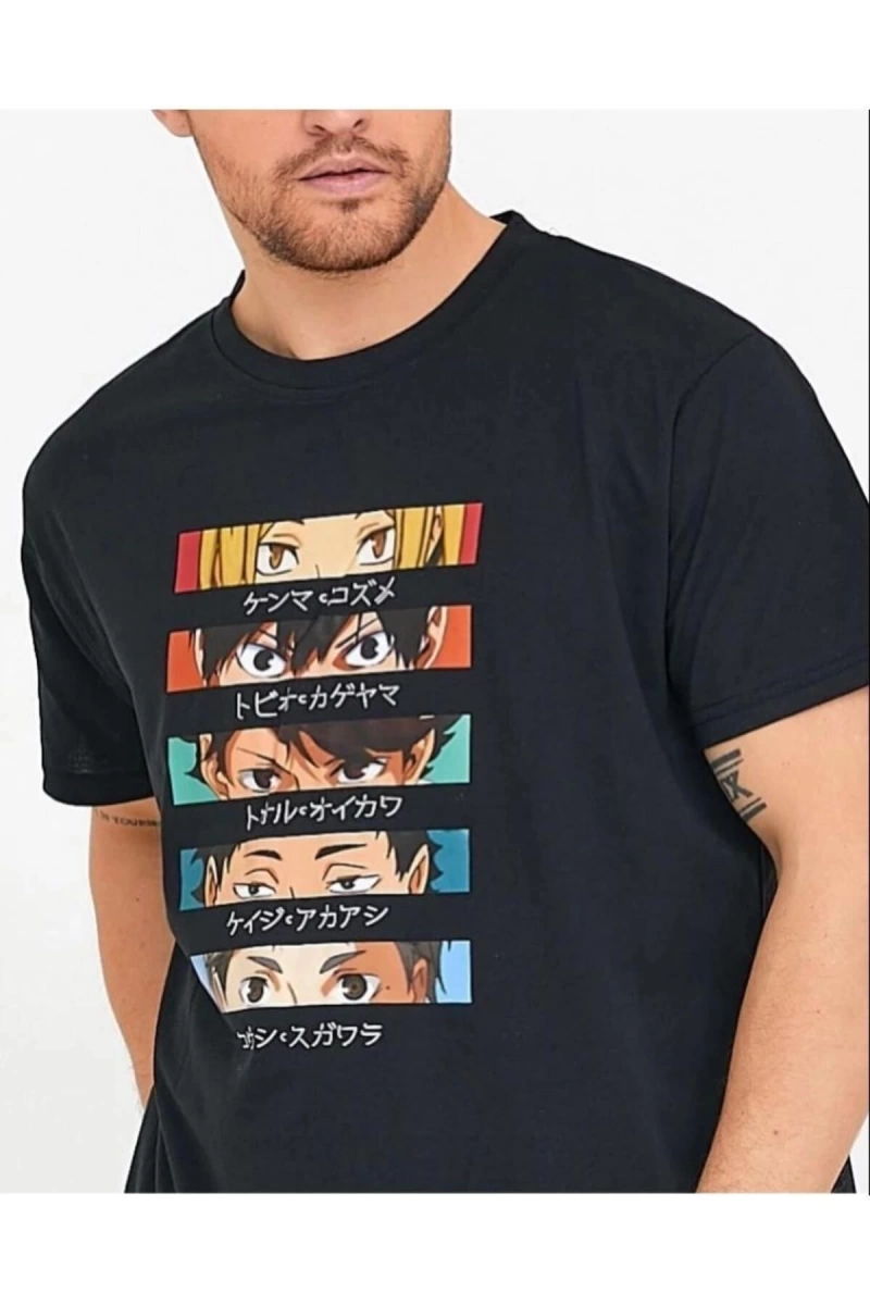 Erkek Siyah Anime Baskılı Oversize Bisiklet Yaka Tişört