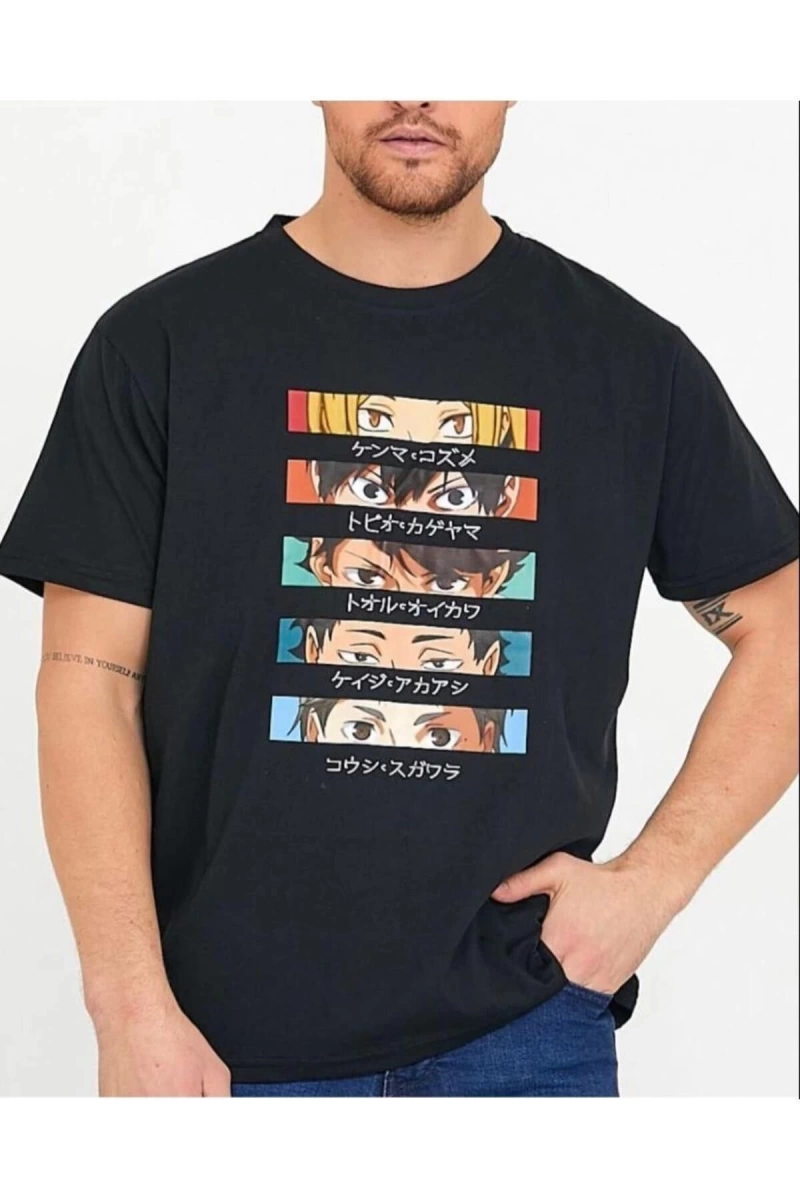 Erkek Siyah Anime Baskılı Oversize Bisiklet Yaka Tişört