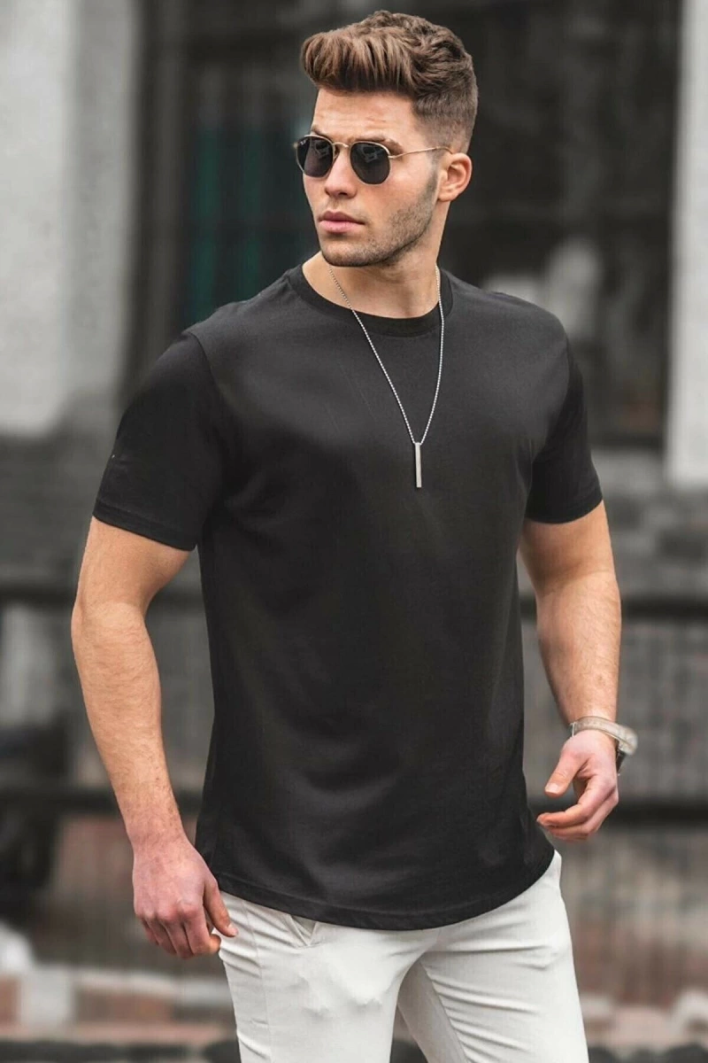 Erkek Siyah Basic Licralı Slimfit T-shirt