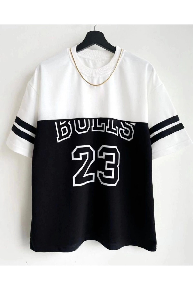 Erkek Siyah Beyaz Baskılı Bulls Oversize Bisiklet Yaka Tişört