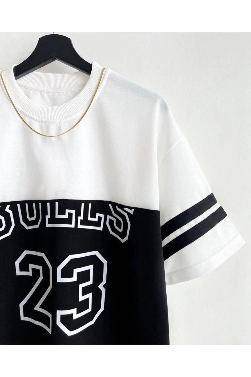 Erkek Siyah Beyaz Baskılı Bulls Oversize Bisiklet Yaka Tişört