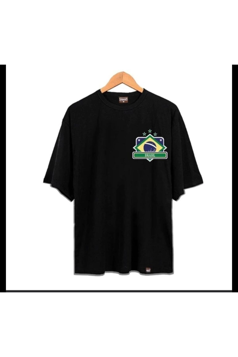 Erkek Siyah Brasıl Oversze Bisiklet Yaka Tshirt