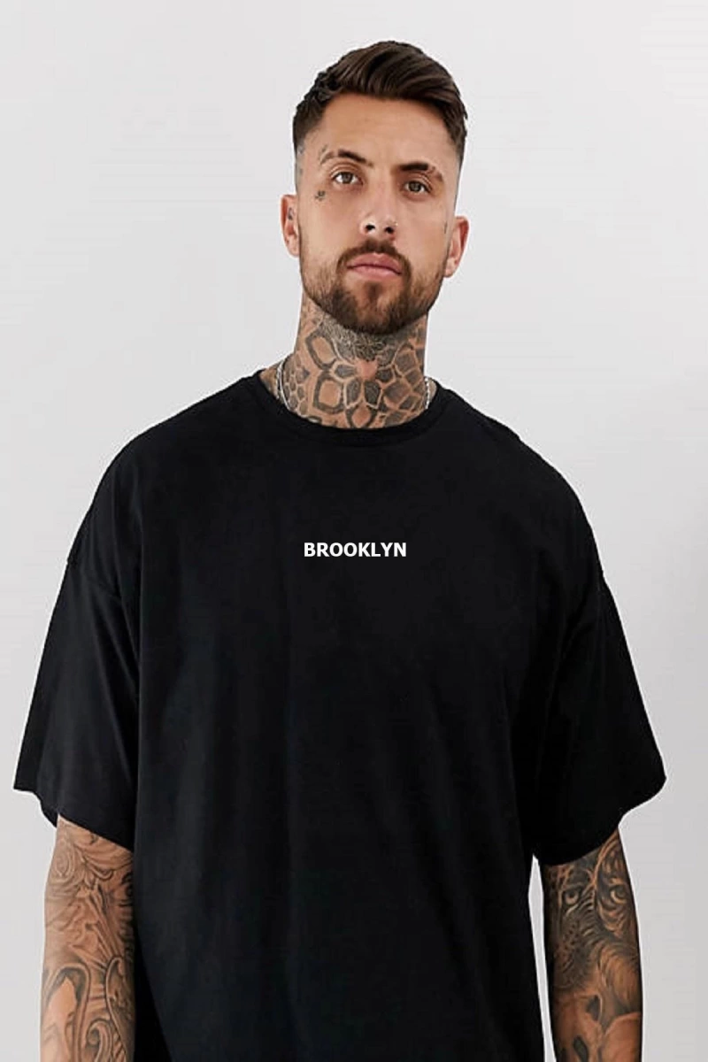 Erkek Siyah Brooklyn Baskılı Oversize Bisiklet Yaka Tişört