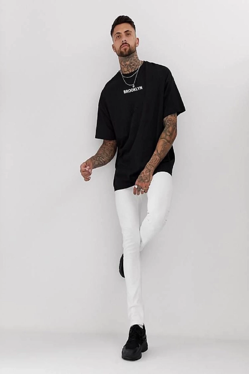 Erkek Siyah Brooklyn Baskılı Oversize Bisiklet Yaka Tişört