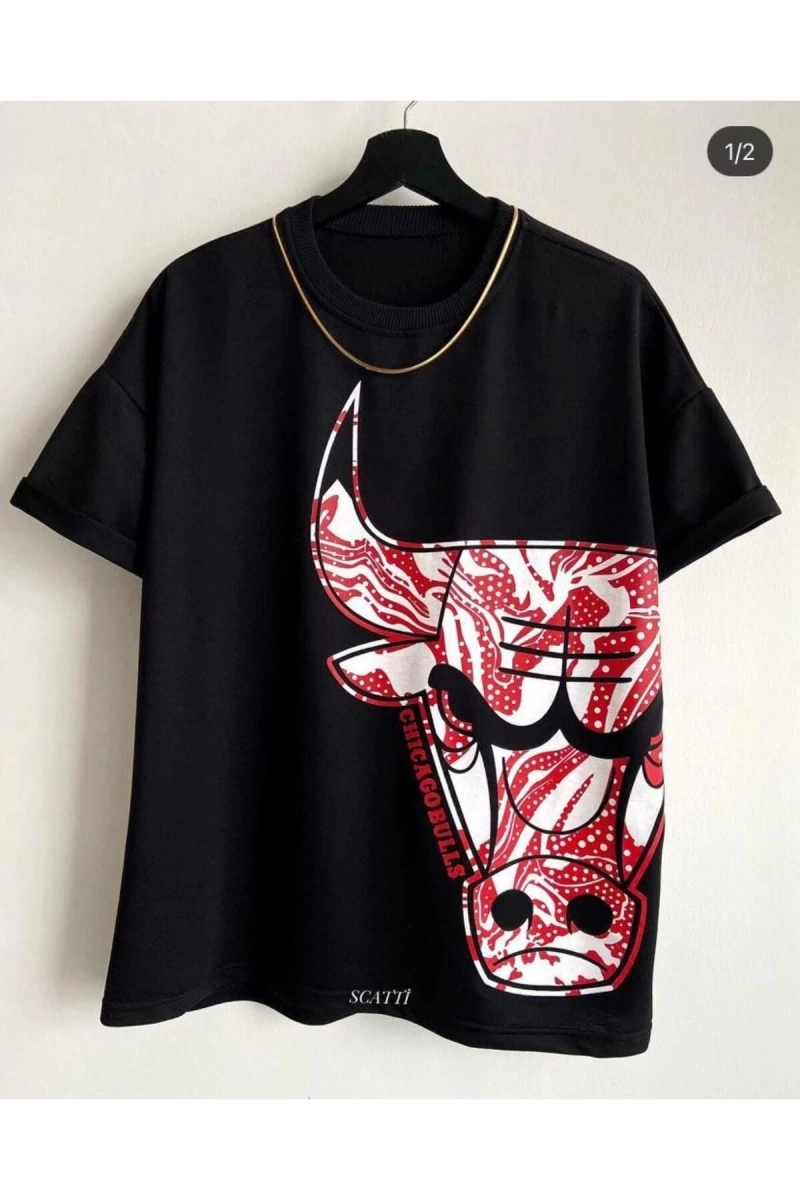 Erkek Siyah Büyük Logo Bulls Baskılı Oversize Bisiklet Yaka Tişört