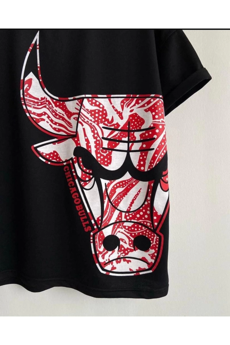 Erkek Siyah Büyük Logo Bulls Baskılı Oversize Bisiklet Yaka Tişört