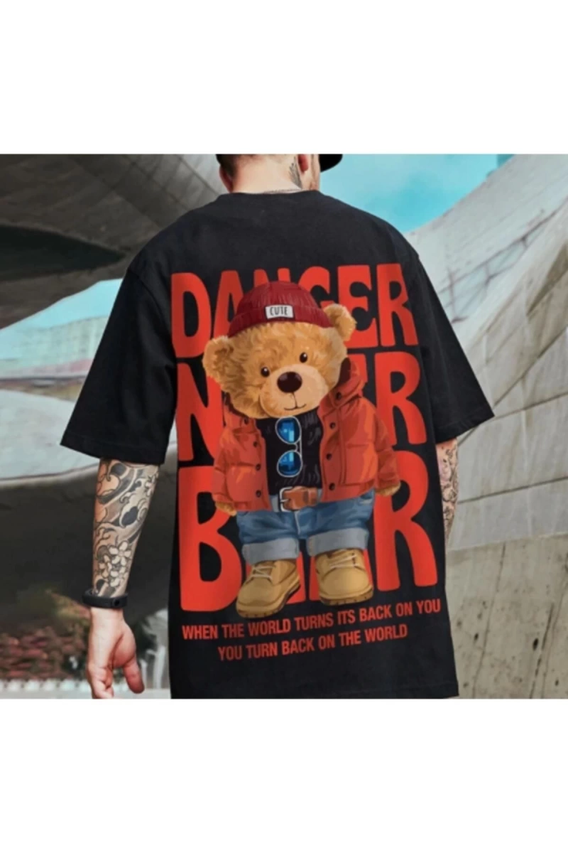 Erkek Siyah Danger Bear Baskılı Oversize Bisiklet Yaka T-shirt