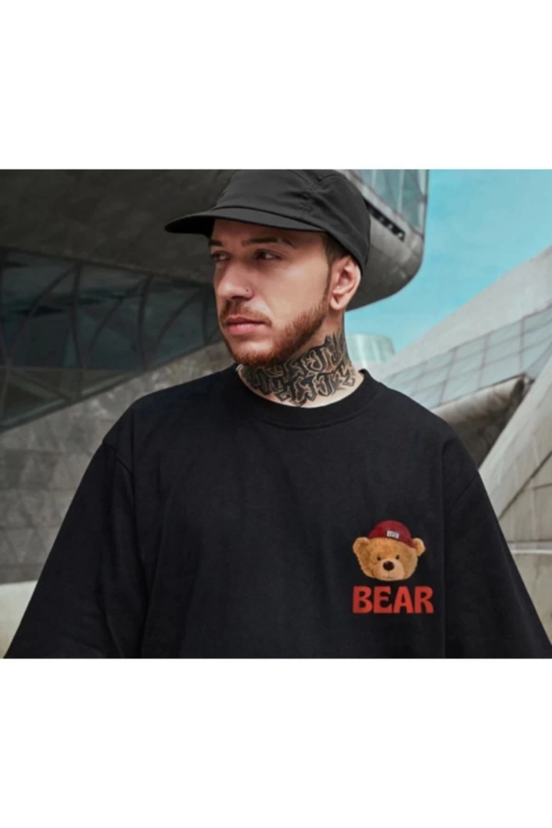 Erkek Siyah Danger Bear Baskılı Oversize Bisiklet Yaka T-shirt