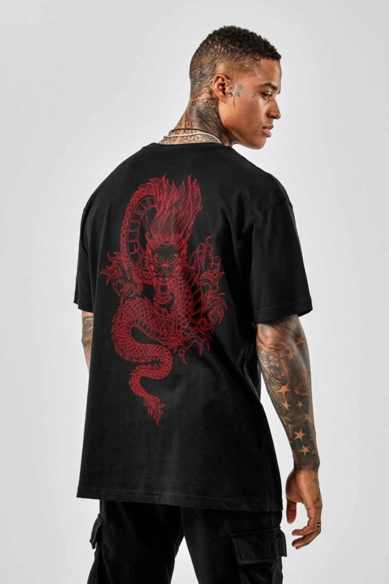 Erkek Siyah Dragon Baskılı Oversize Bisiklet Yaka Tişört