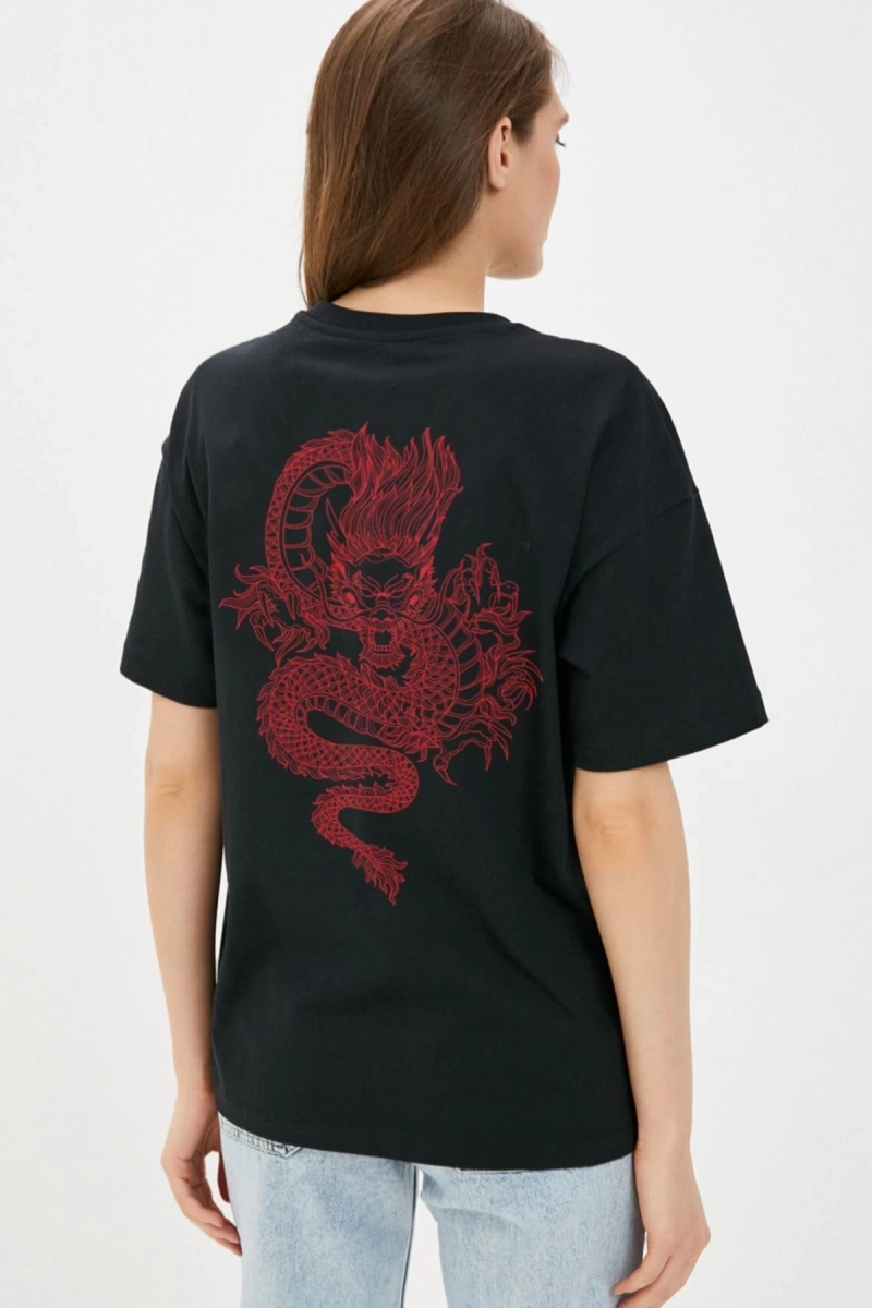 Erkek Siyah Dragon Baskılı Oversize Bisiklet Yaka Tişört