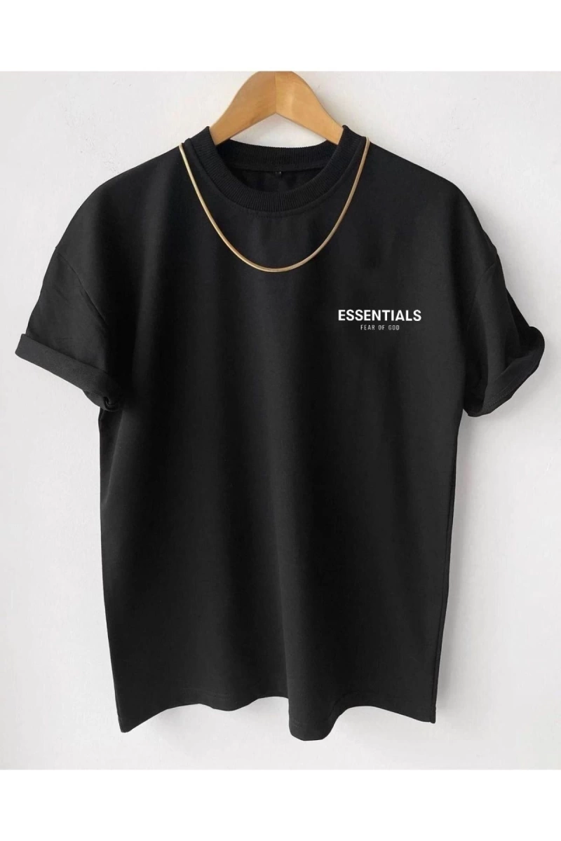 Erkek Siyah Essentials Baskılı Oversize Bisiklet Yaka Kısa Kollu T-shirt