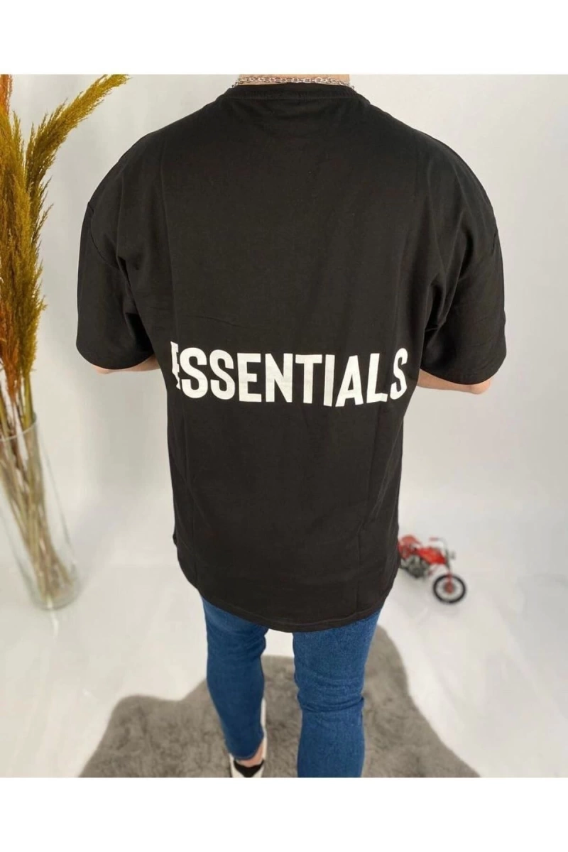 Erkek Siyah Essentials Baskılı Oversize Bisiklet Yaka T-shirt