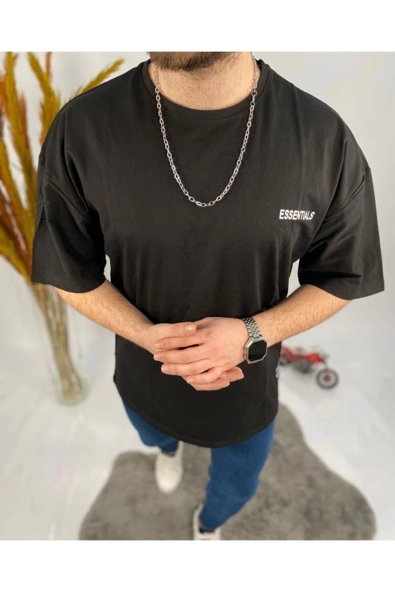 Erkek Siyah Essentials Baskılı Oversize Bisiklet Yaka T-shirt