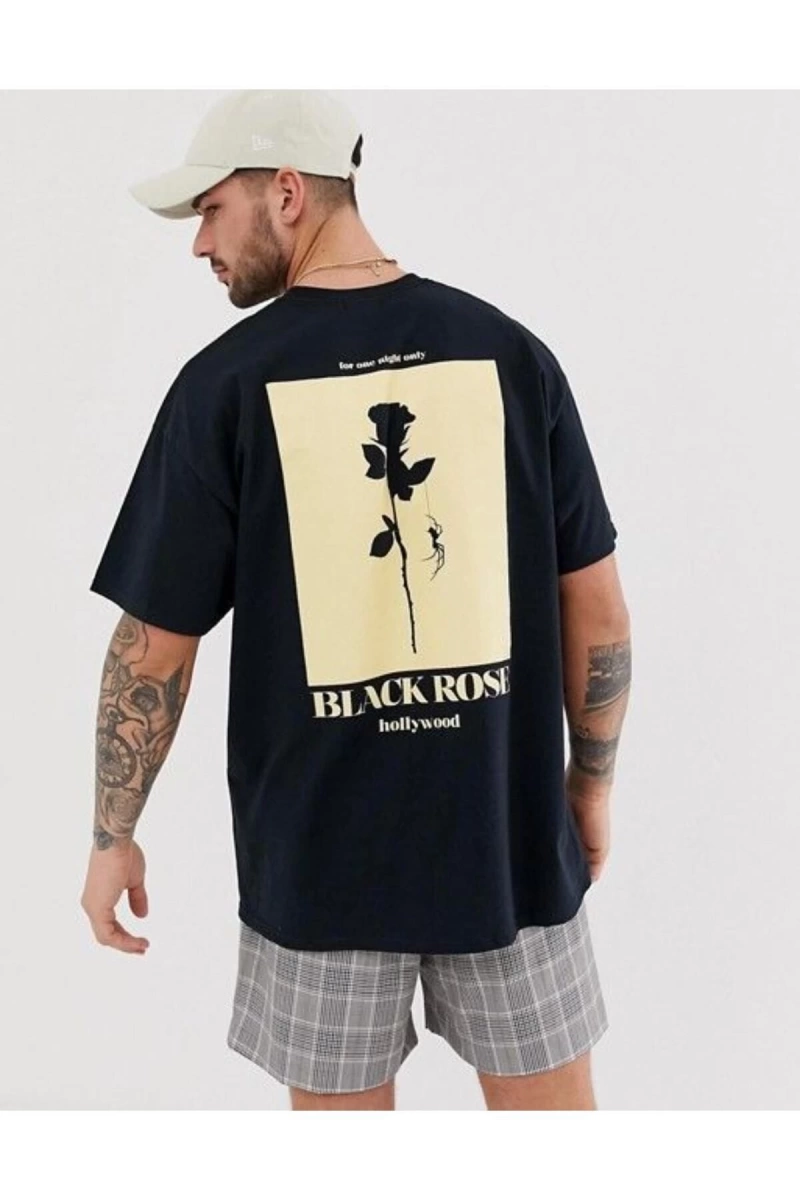 Erkek Siyah Gül Sırt Baskılı Oversize Bisiklet Yaka T-shirt
