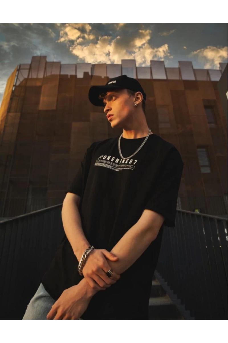 Erkek Siyah Interpol Baskılı Oversize Pamuklu Bisiklet Yaka T-shirt