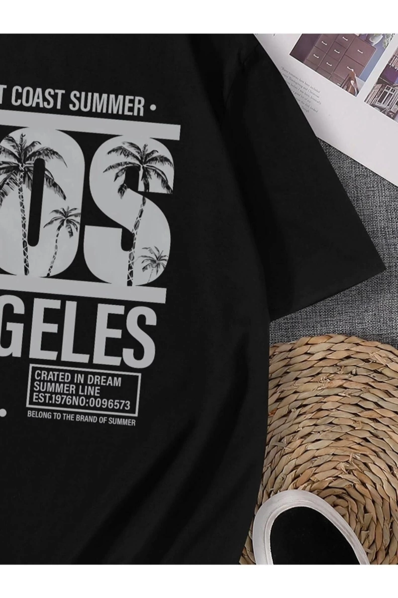 Erkek Siyah Los Angeles Baskılı Bisiklet Yaka Tişört