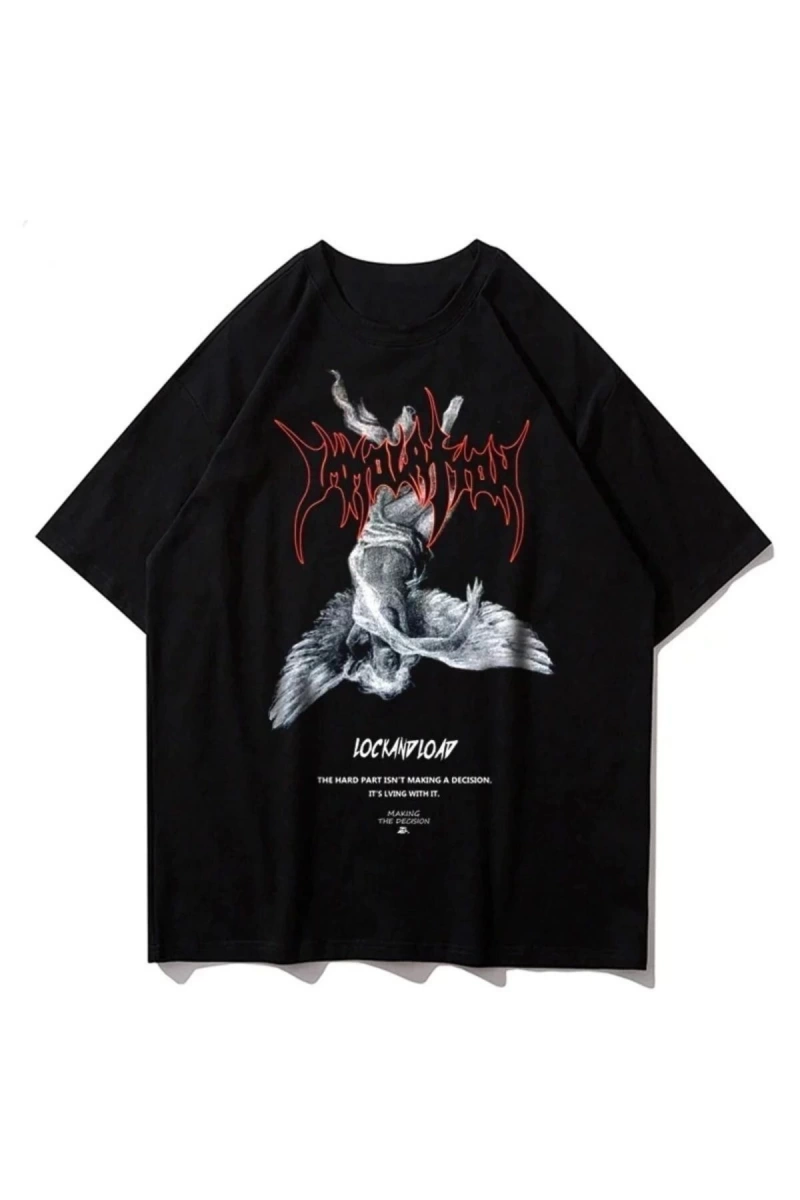 Erkek Siyah Melek Baskılı Oversize Bisiklet Yaka Tshirt