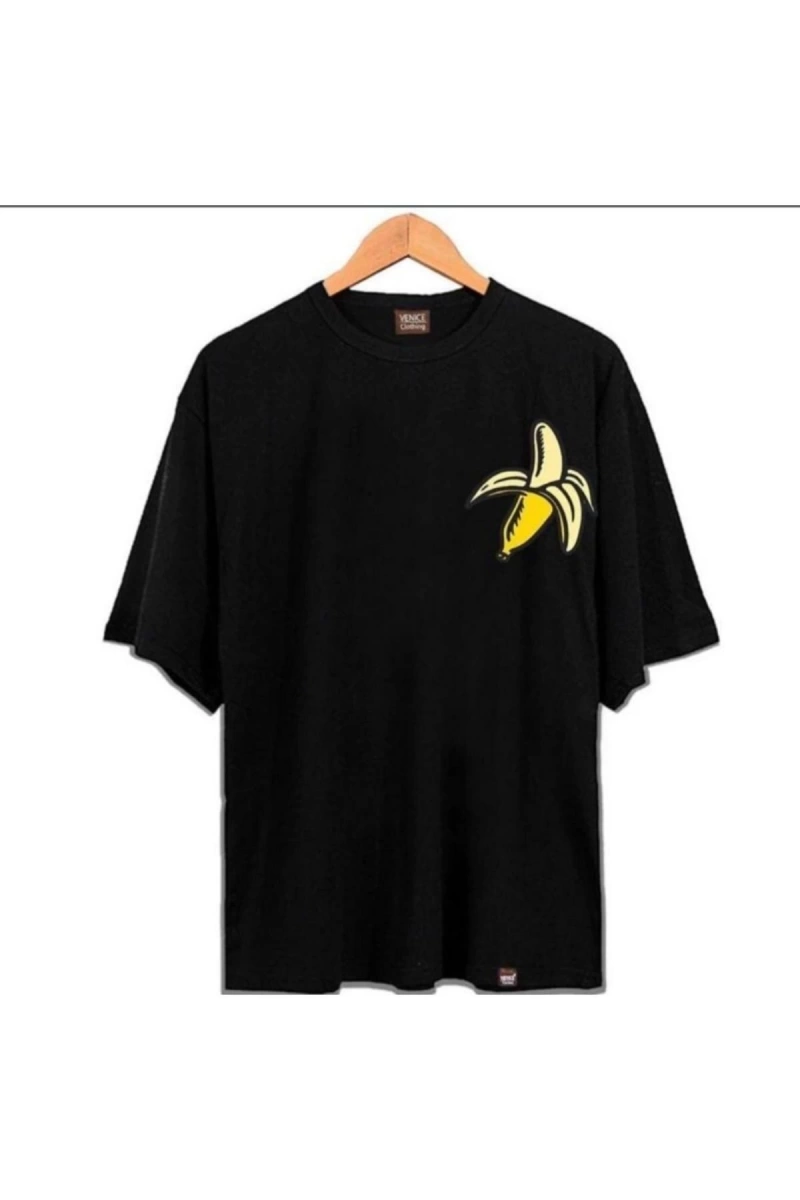 Erkek Siyah Muz Oversze Bisiklet Yaka Tshirt