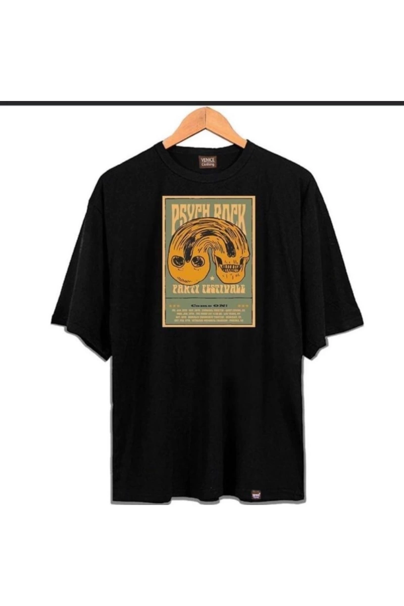 Erkek Siyah Party Festıvale Oversze Bisiklet Yaka Tshirt