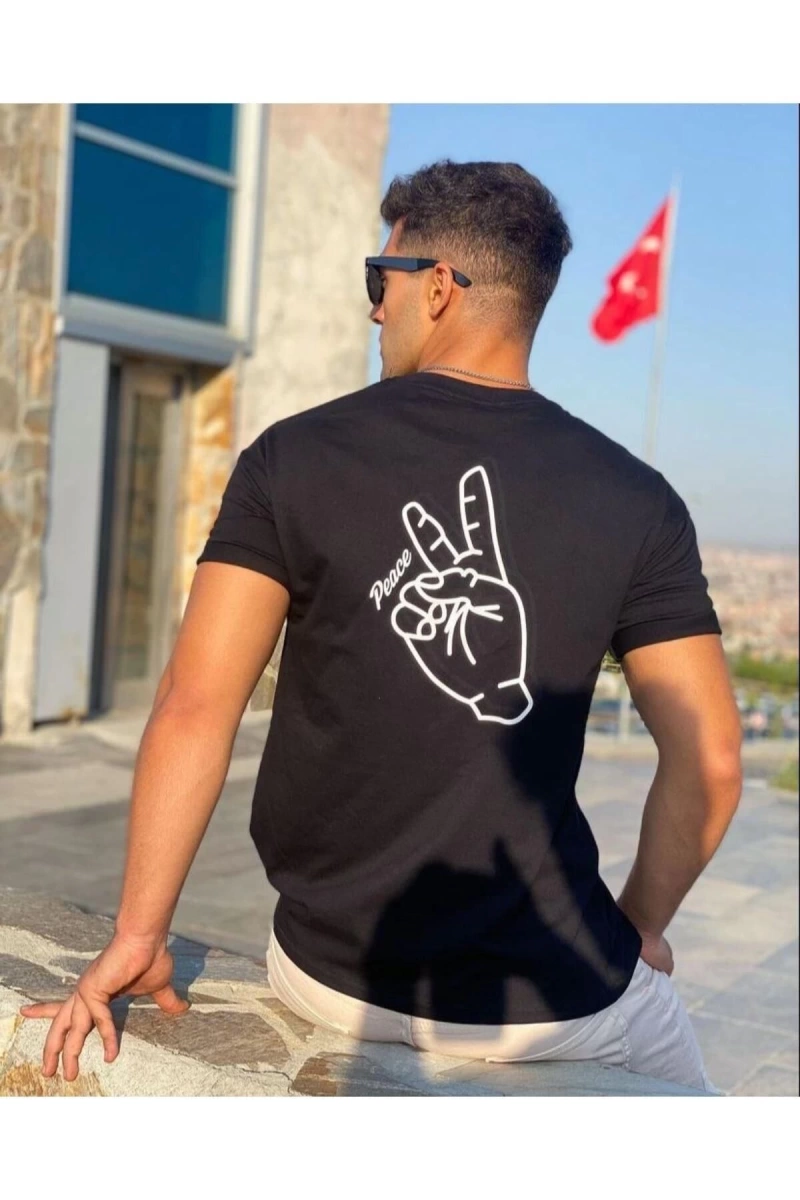 Erkek Siyah Peace Sırt Baskılı Oversize Bisiklet Yaka T-shirt