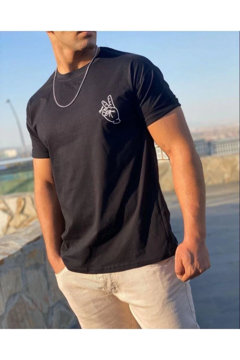Erkek Siyah Peace Sırt Baskılı Oversize Bisiklet Yaka T-shirt