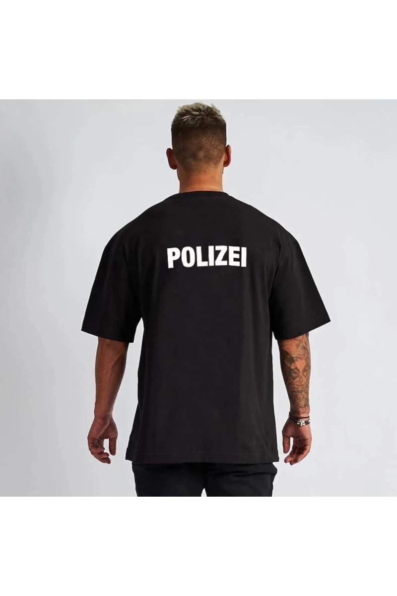 Erkek Siyah Polizai Baskılı Oversize Bisiklet Yaka Tişört