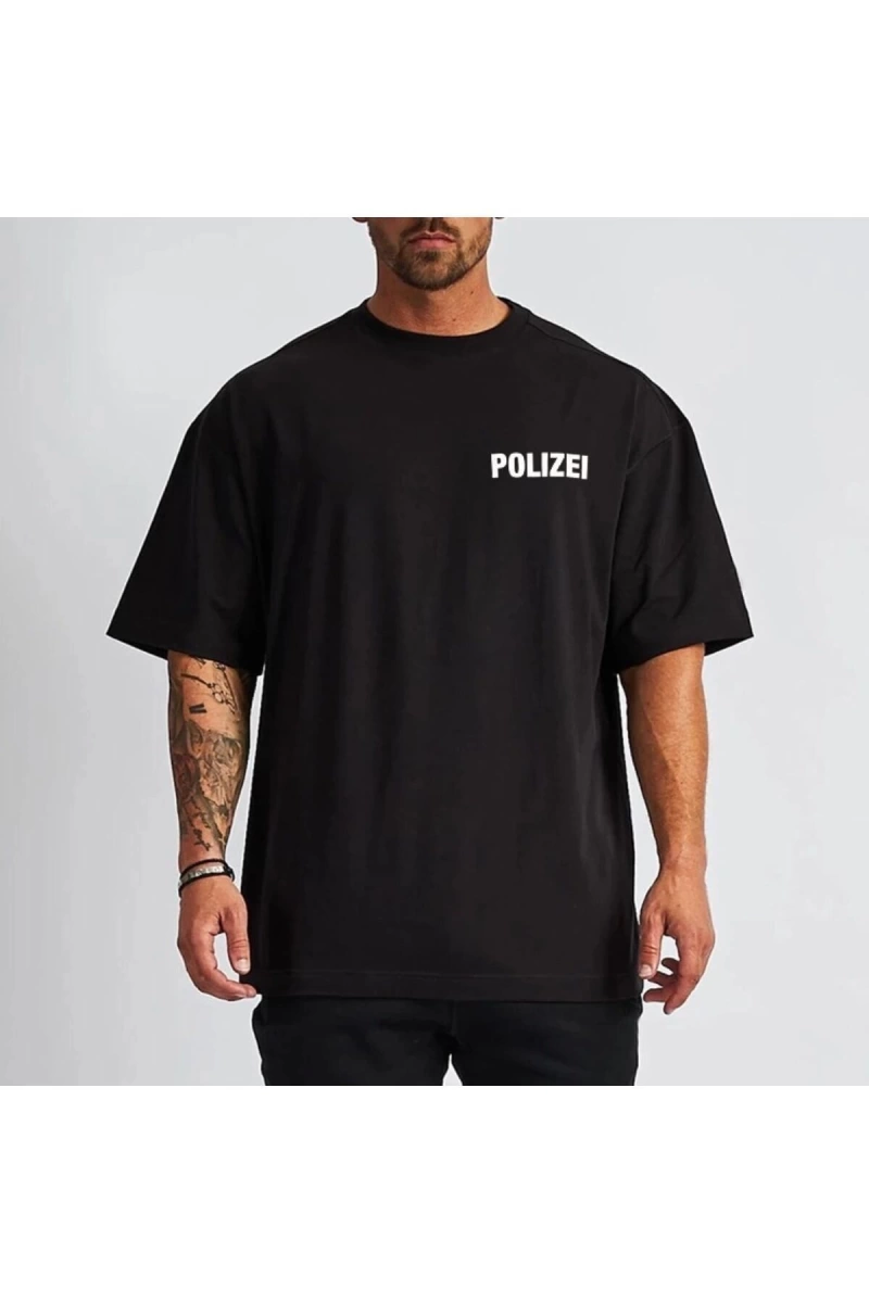 Erkek Siyah Polizai Baskılı Oversize Bisiklet Yaka Tişört