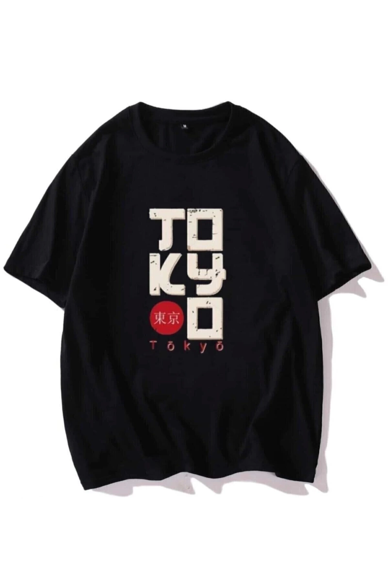 Erkek Siyah T-shirt Tokyo Baskılı Oversize Tişört