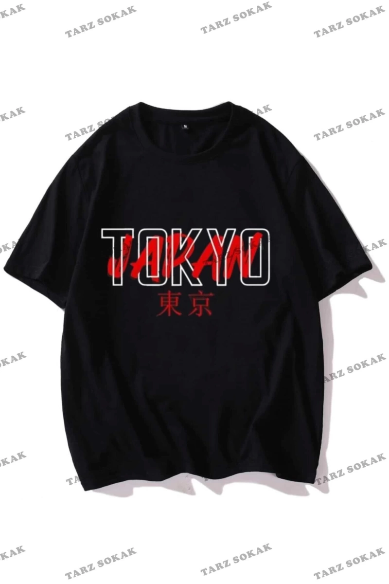 Erkek Siyah T-shirt Tokyo Japan Baskılı Oversize