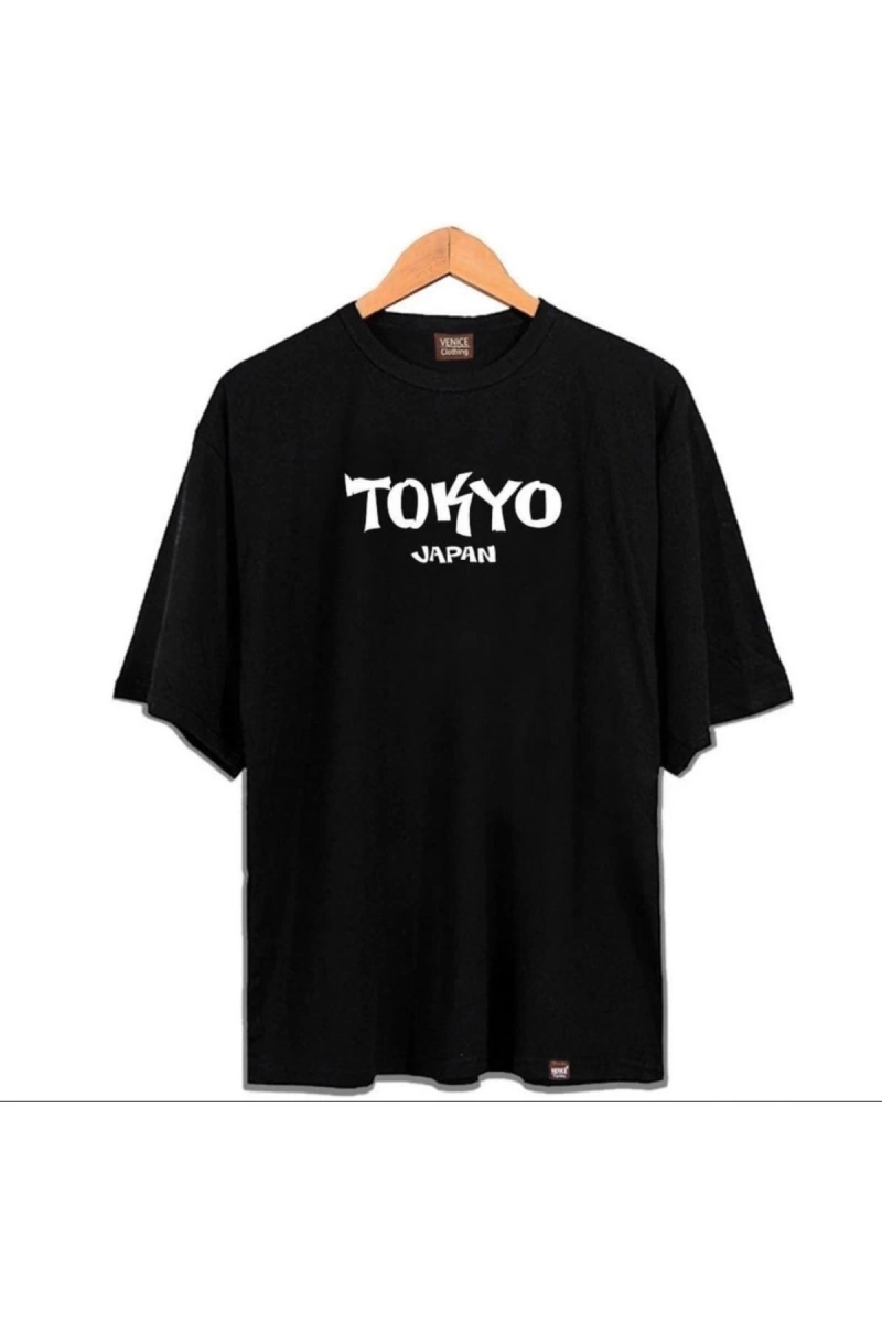 Erkek Siyah Tokyo Baskılı Oversize Bisiklet Yaka Tshirt
