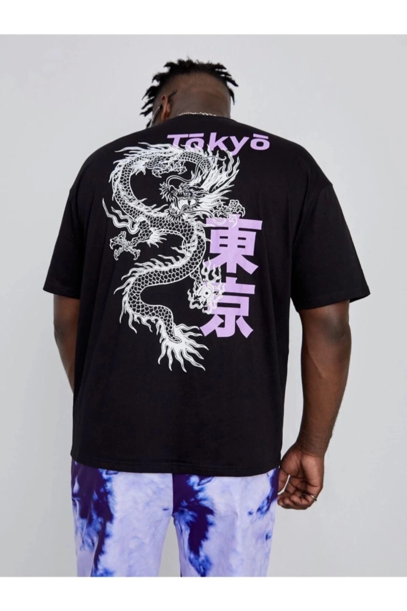 Erkek Siyah Tokyo Ejderha Baskılı Oversize Bisiklet Yaka Tişört