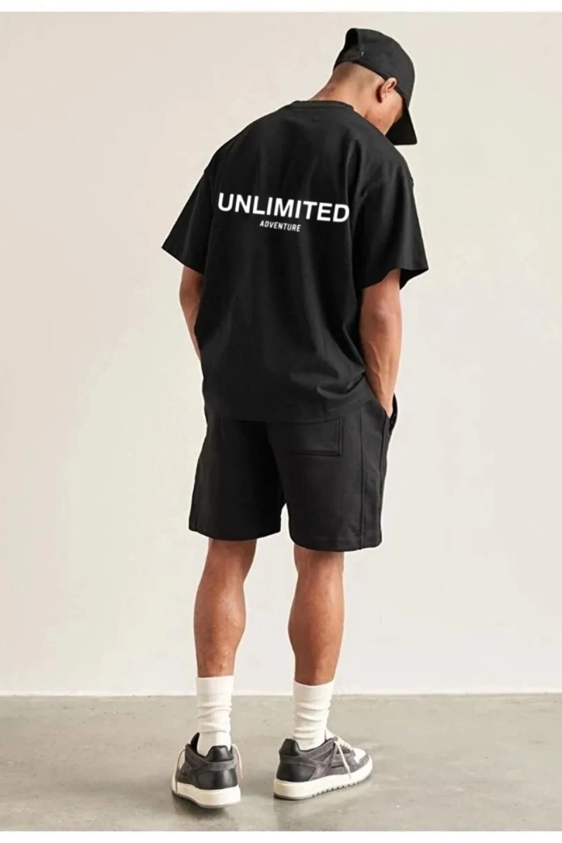 Erkek Siyah Unlımıted Baskılı Oversize Bisiklet Yaka Tshirt