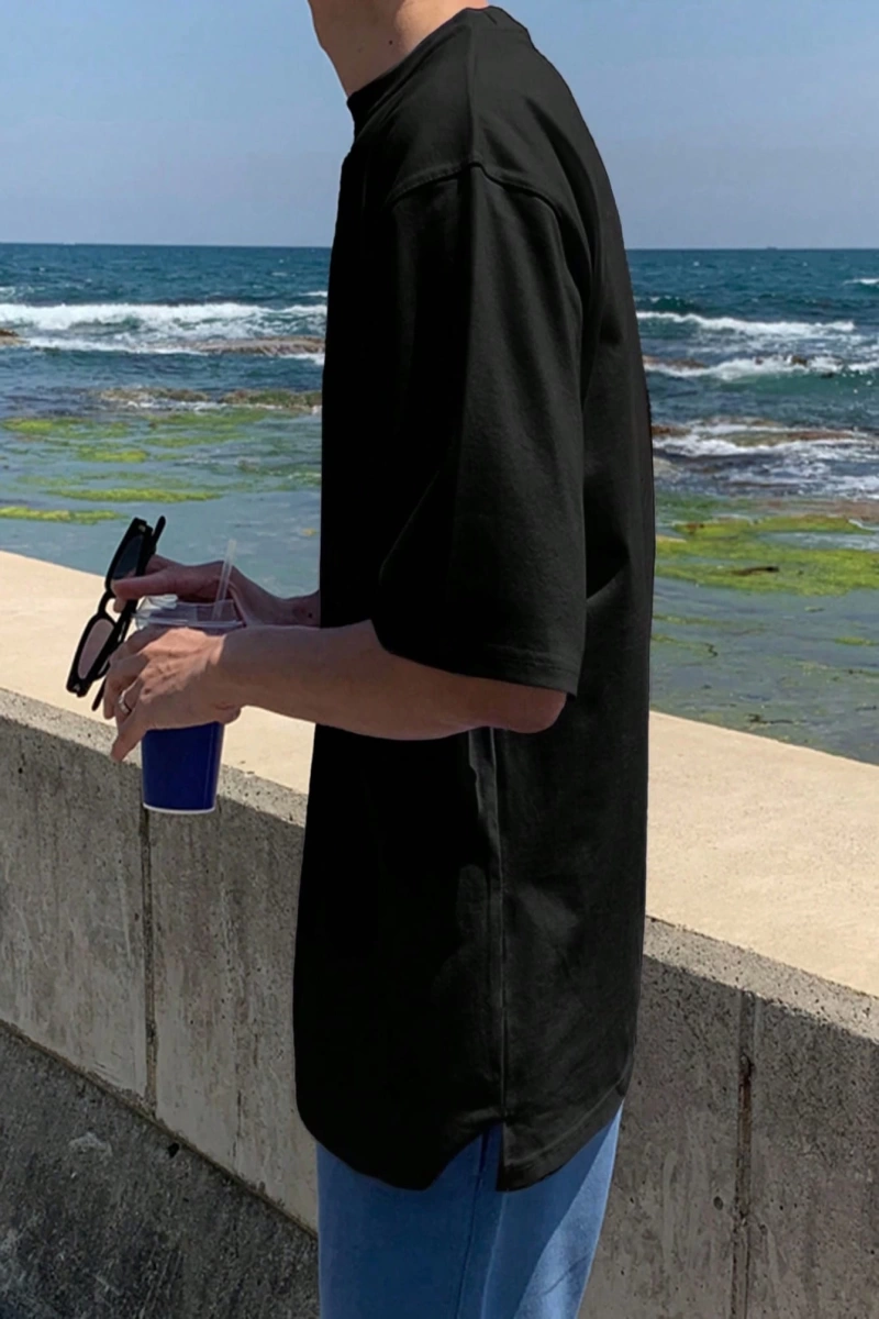 Erkek Siyah Yaz Plaj ve Sörf Grafik Tişört