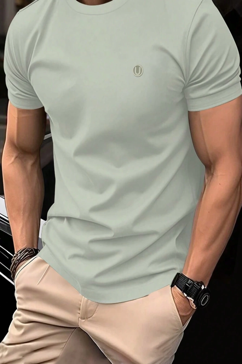Erkek Slim Fit Grafik Yama Rahat Mürettebat Yaka Kısa Kollu Tişört, Yaz Erkek