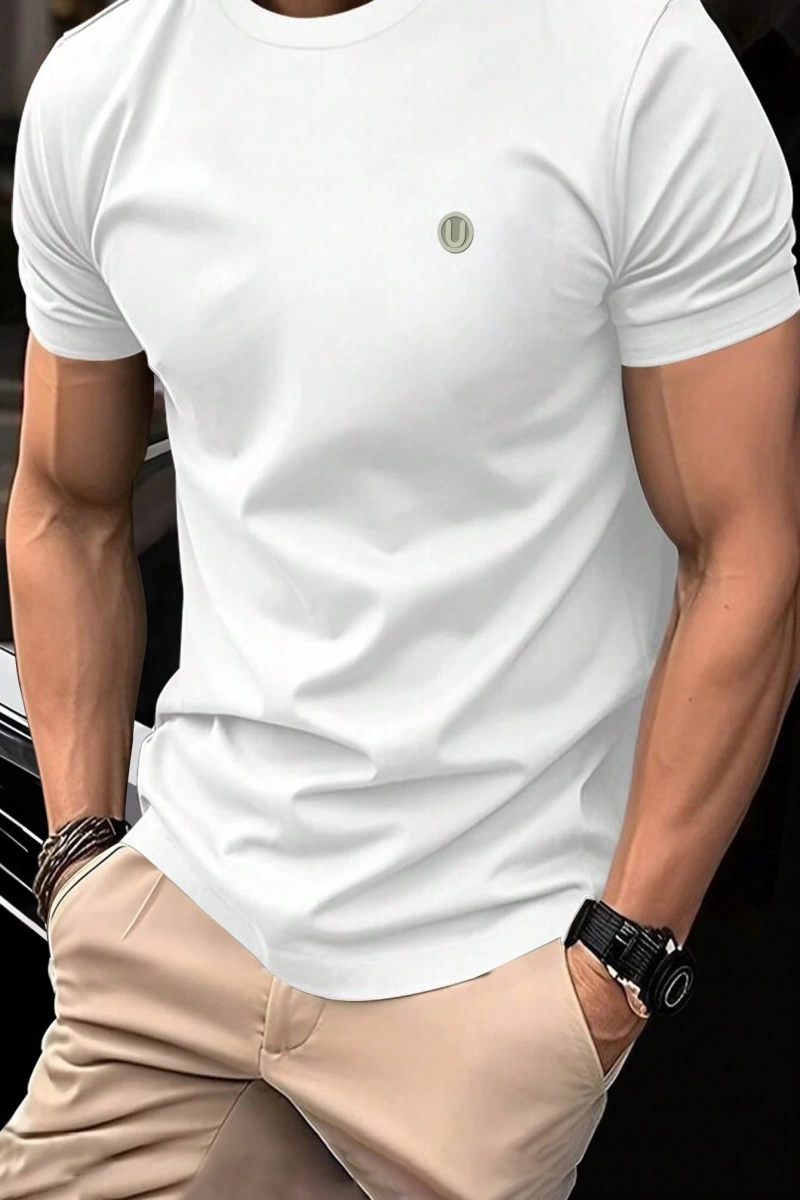 Erkek Slim Fit Grafik Yama Rahat Mürettebat Yaka Kısa Kollu Tişört, Yaz Erkek