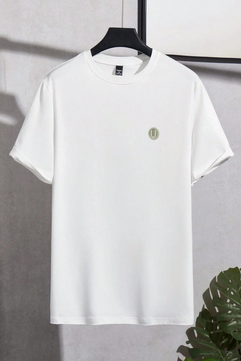 Erkek Slim Fit Grafik Yama Rahat Mürettebat Yaka Kısa Kollu Tişört, Yaz Erkek