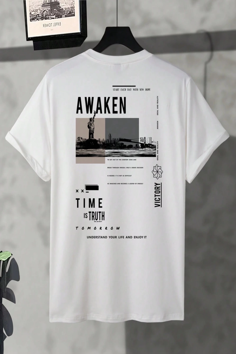 Erkek Slogan Baskılı Düşük Omuzlu Tişört