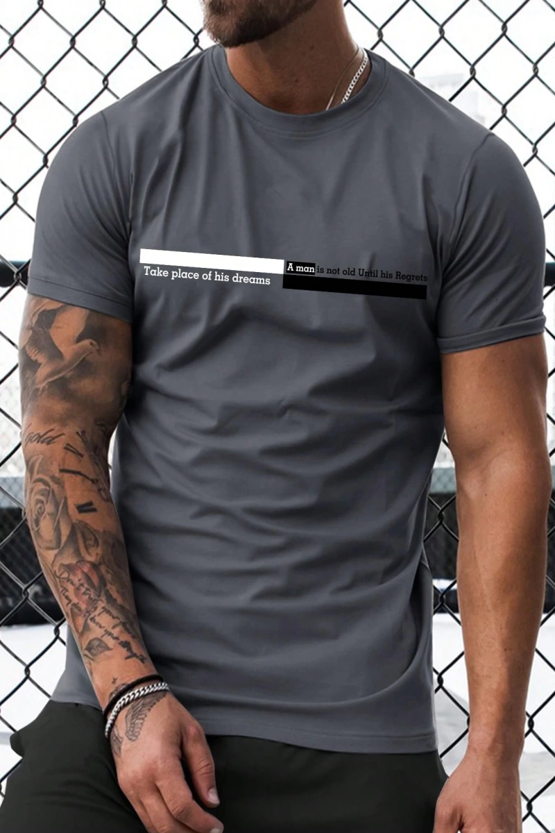 Erkek Slogan Baskılı Mürettebat Yaka Kısa Kollu Slim Fit Günlük Tişört