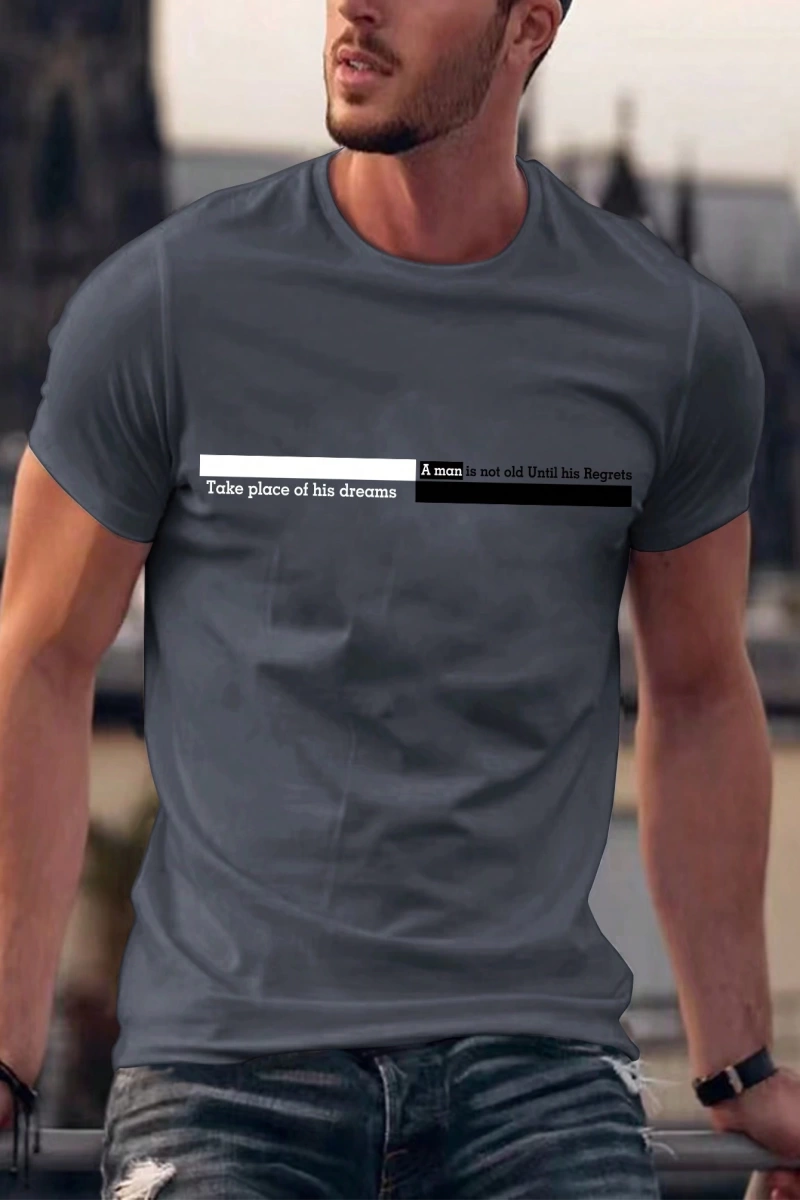 Erkek Slogan Baskılı Mürettebat Yaka Kısa Kollu Slim Fit Günlük Tişört