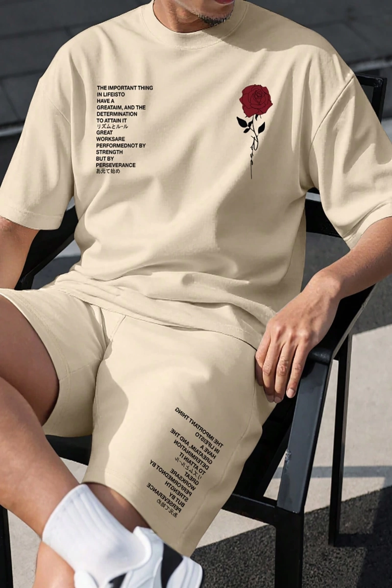 Erkek Slogan Çiçek Baskılı Kısa Kollu Yuvarlak Yaka Rahat Tişört Ve Bağcıklı