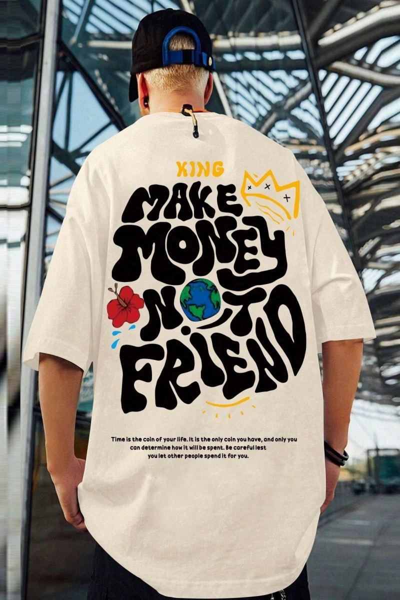 Erkek Slogan Grafik Düşük Omuz Tişört