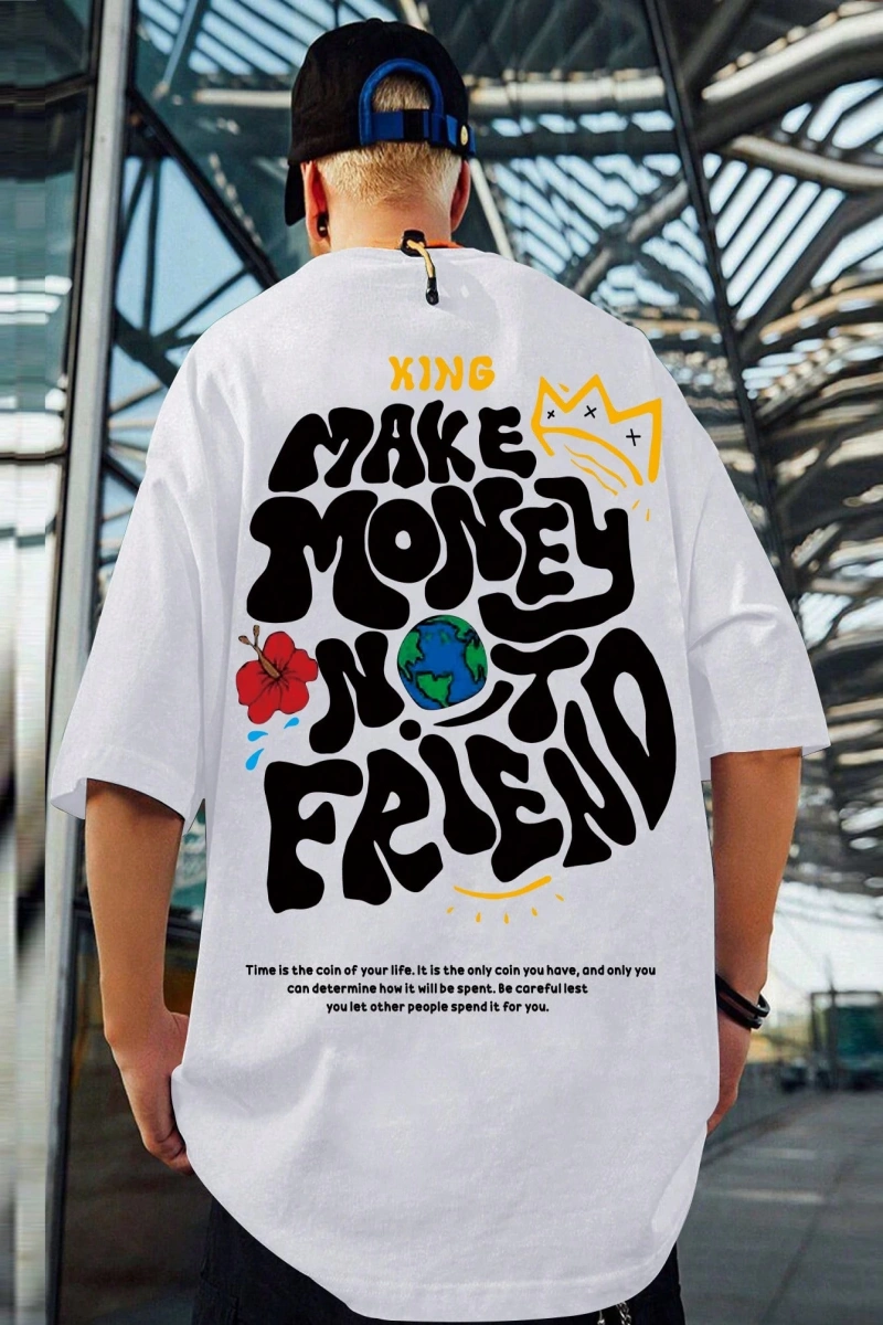 Erkek Slogan Grafik Düşük Omuz Tişört