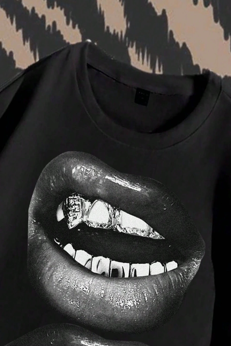 Erkek Sokak Stili Seksi Dudak Baskılı Bol Kesim Kısa Kollu Grafik Tişört, Yaz