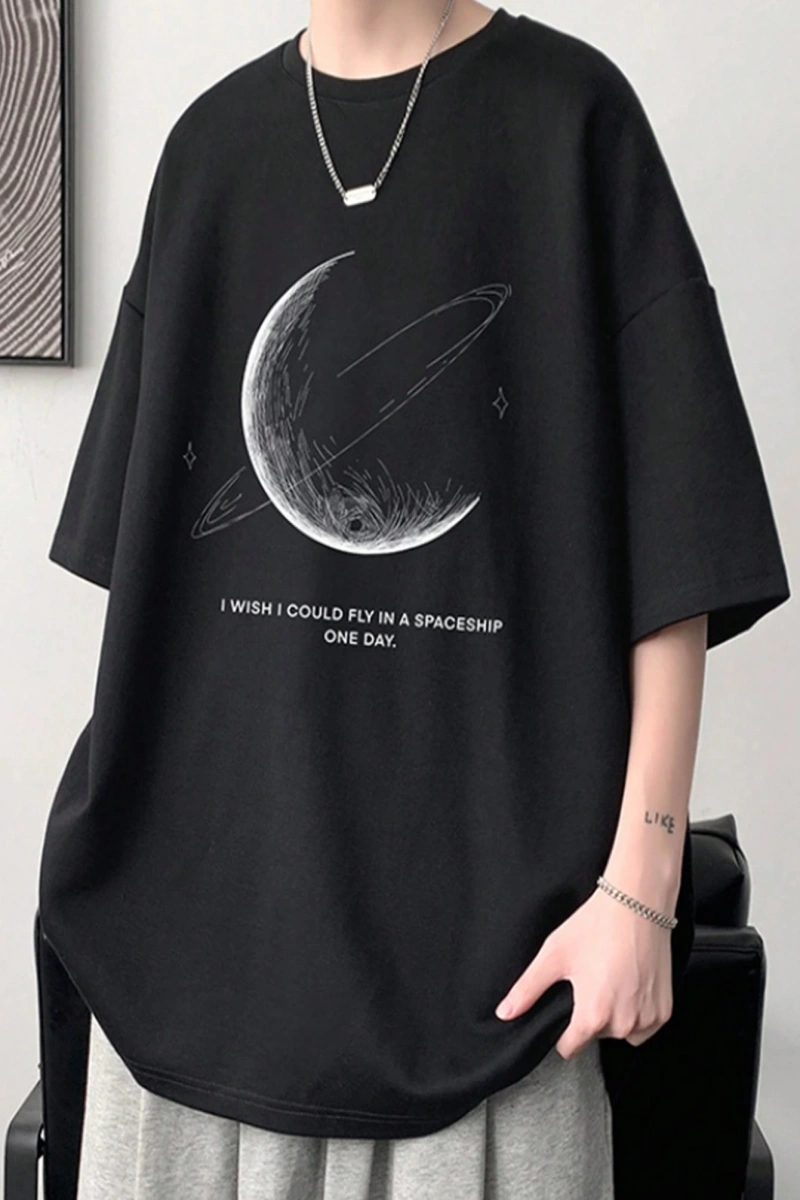 Erkek Tişörtleri Fit Crew Yaka Düşük Omuz Kısa Kollu Grafik Tişört Earth C