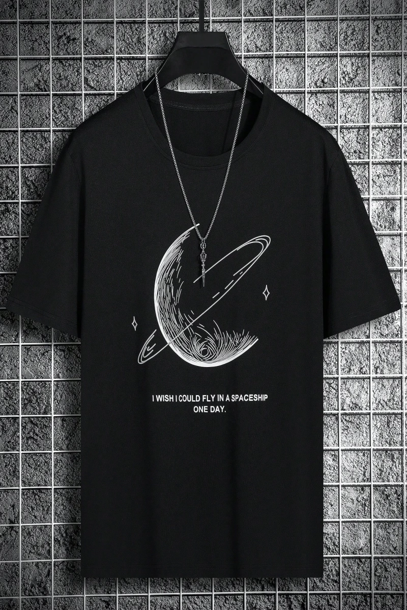Erkek Tişörtleri Fit Crew Yaka Düşük Omuz Kısa Kollu Grafik Tişört Earth C