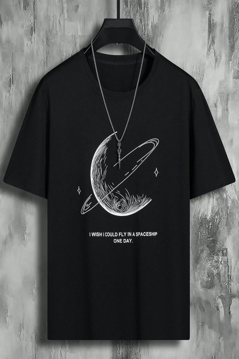 Erkek Tişörtleri Fit Crew Yaka Düşük Omuz Kısa Kollu Grafik Tişört Earth C