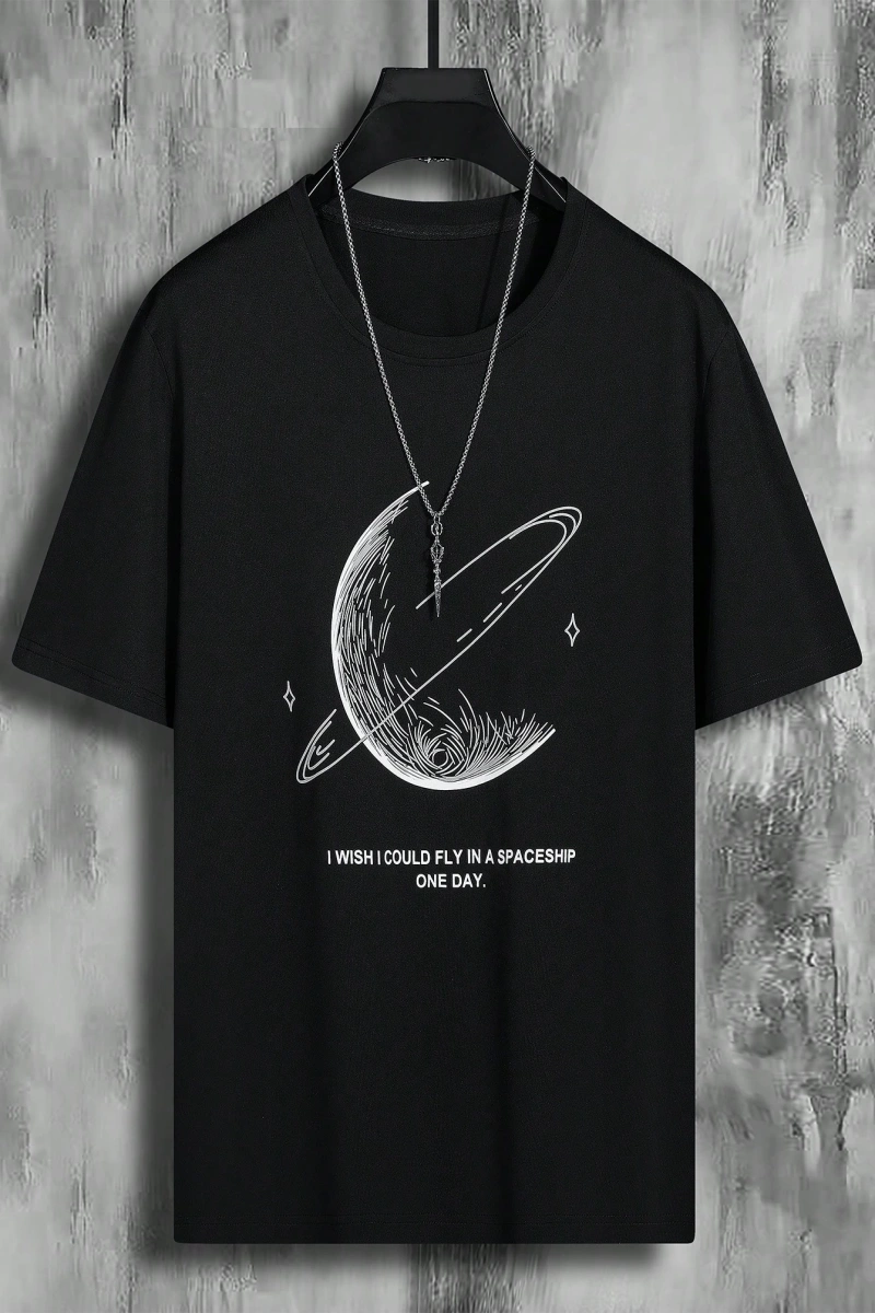 Erkek Tişörtleri Fit Crew Yaka Düşük Omuz Kısa Kollu Grafik Tişört Earth C